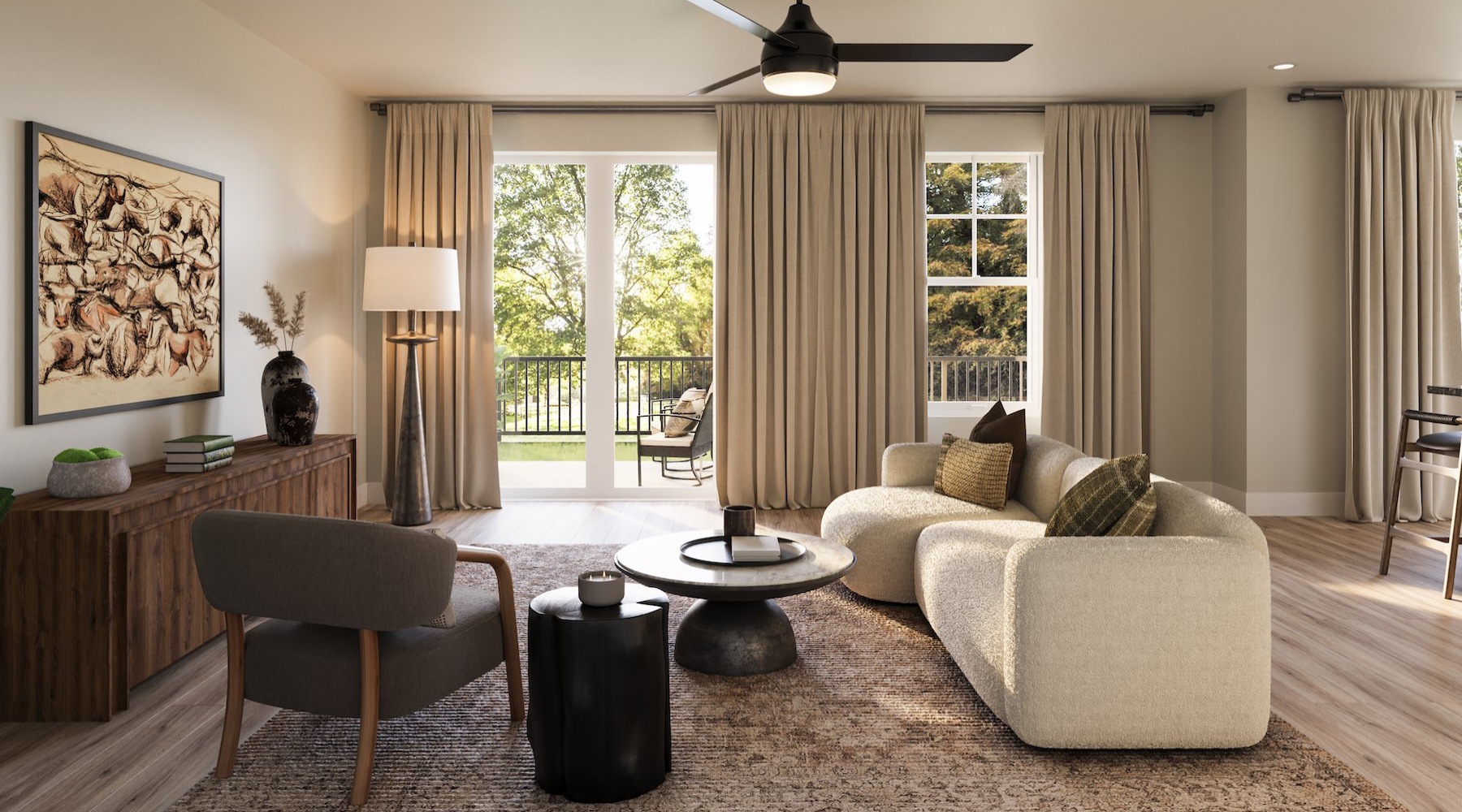 a living room with a couch, chair and a coffee table