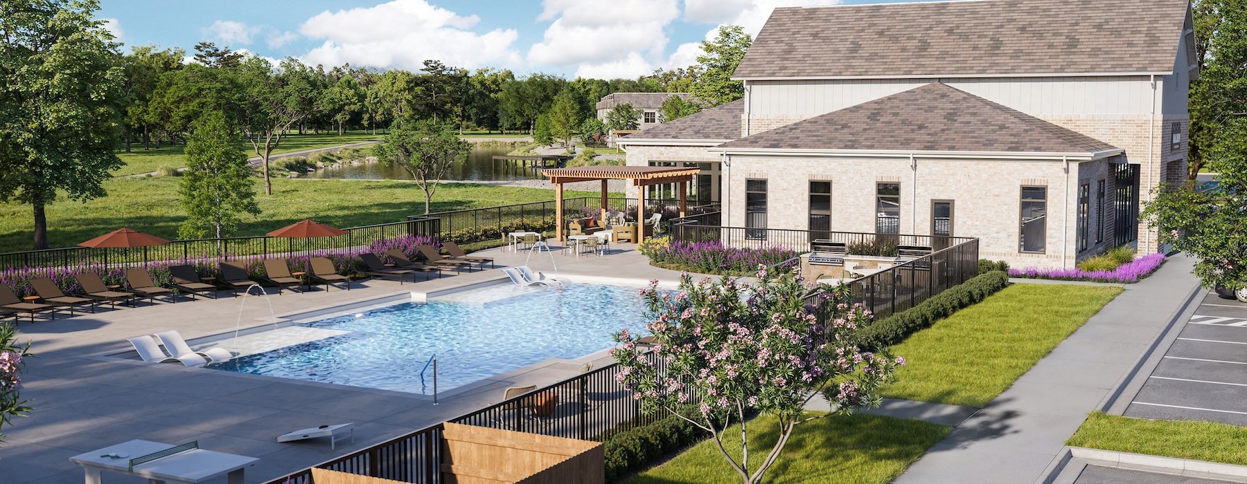 a swimming pool next to a building