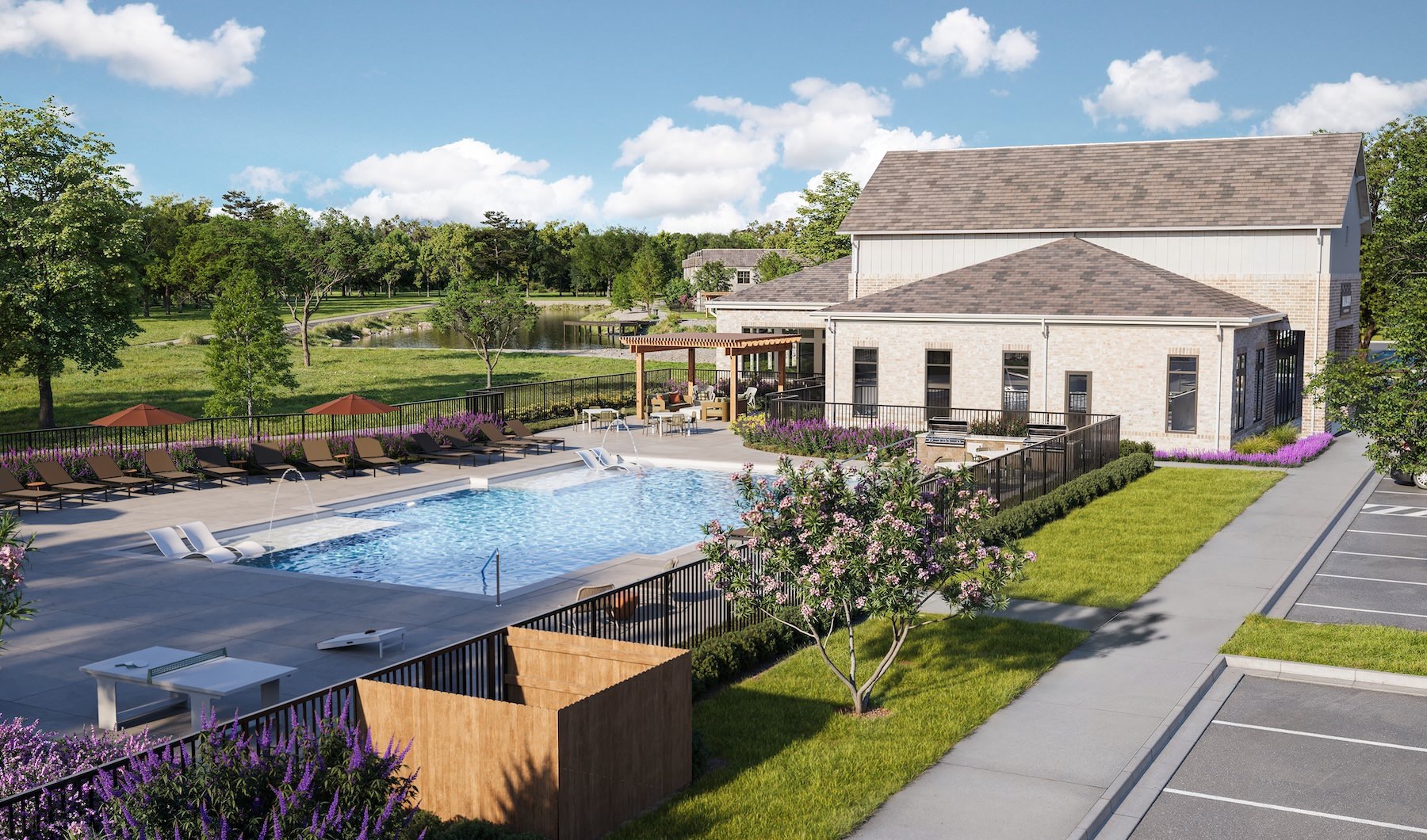 a swimming pool next to a building